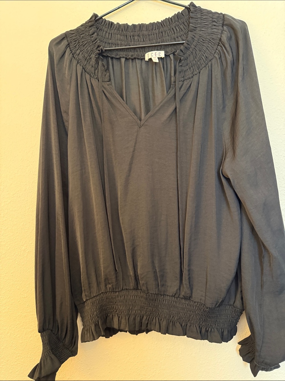 Smocked-Neck Long Sleeve Blouse in Black